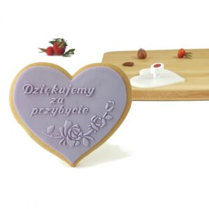 Serce 8 x 7 cm Dziękujemy za przybycie z różą - stempel do pierników