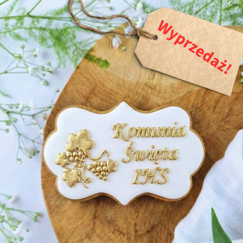 Stempel 9 x 6,2 cm Etykieta - Komunia Święta IHS winogrono - pieczątka do ciastek
