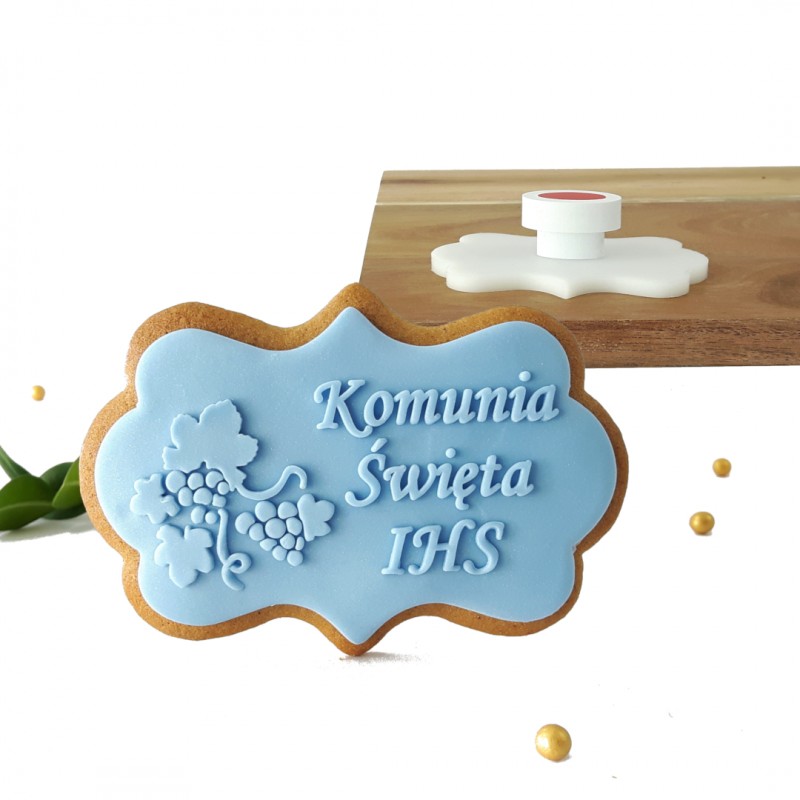 Stempel 9 x 6,2 cm Etykieta - Komunia Święta IHS winogrono - pieczątka do ciastek