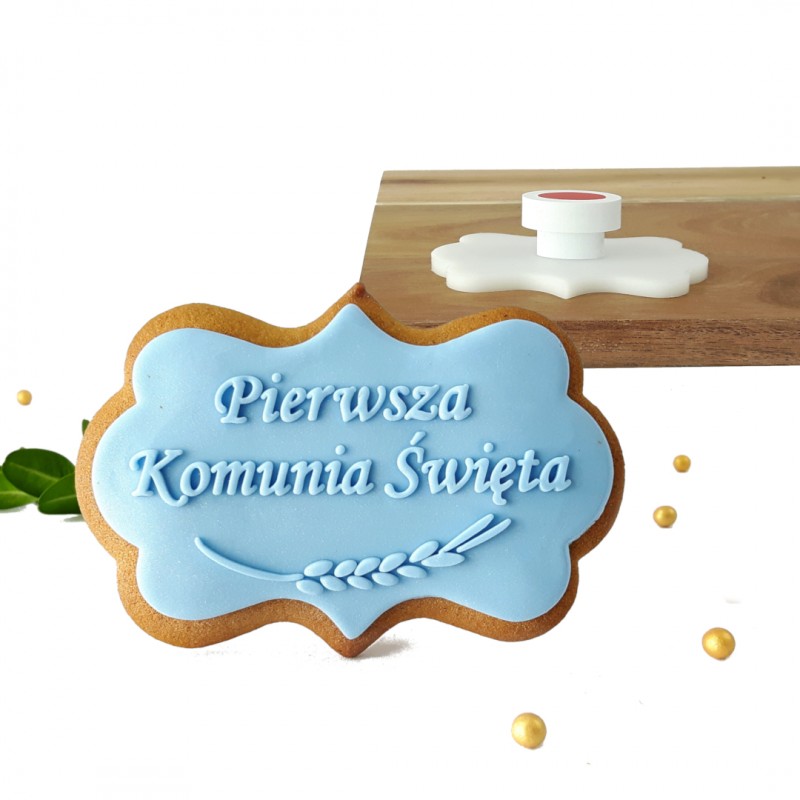 Stempel 9 x 6,2 cm Etykieta - Pierwsza Komunia Święta kłos - stempel do ciastek